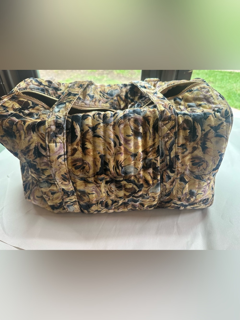 Anthropologie Gold Quilted Velvet Floral Weekender Overnight Travel Bag NWOT - Picture 5 of 12